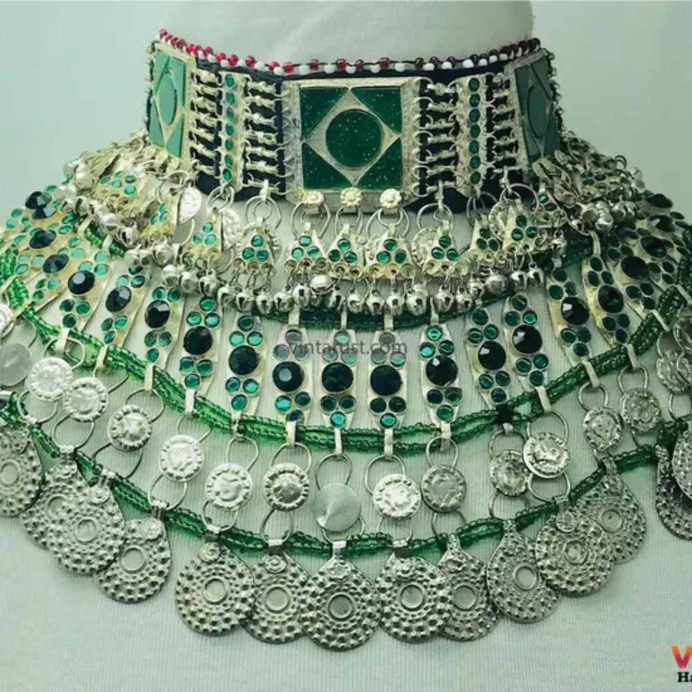 Green Stone Kuchi Choker: Afghan Tribal Coin & Bell Necklace